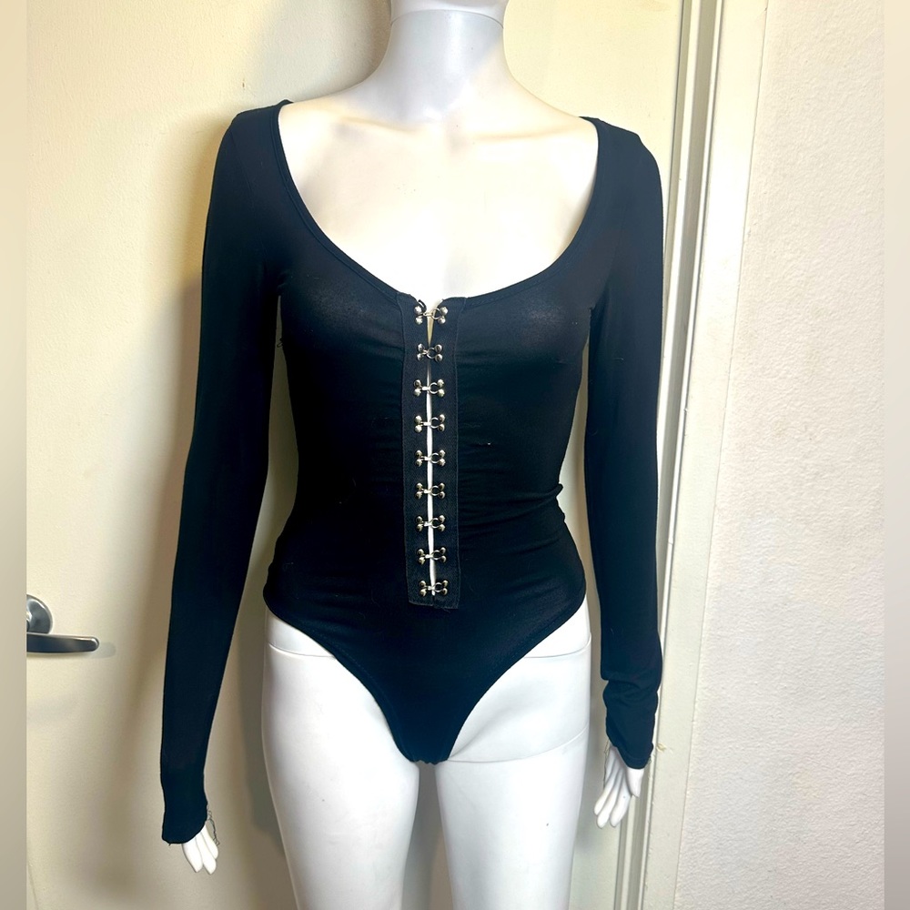 Long sleeve thong bodysuit with silver hardware - clasp on thong